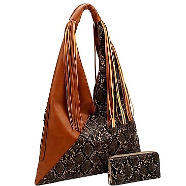 ASYMMETRICAL SNAKE PRINT HOBO WALLET SET