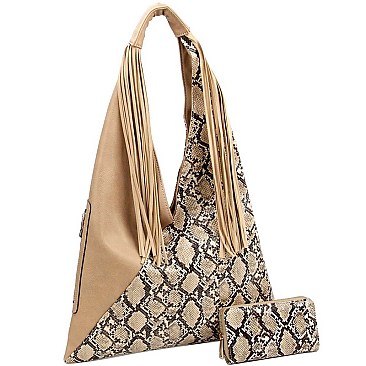 ASYMMETRICAL SNAKE PRINT HOBO WALLET SET