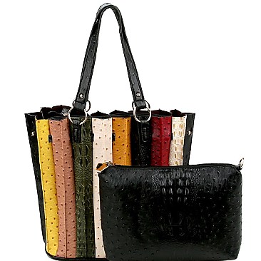 2 in 1 Color Block Ostrich Print Accordion Tote