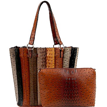 2 in 1 Color Block Ostrich Print Accordion Tote