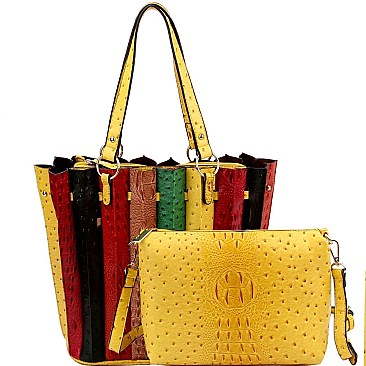 2 in 1 Color Block Ostrich Print Accordion Tote