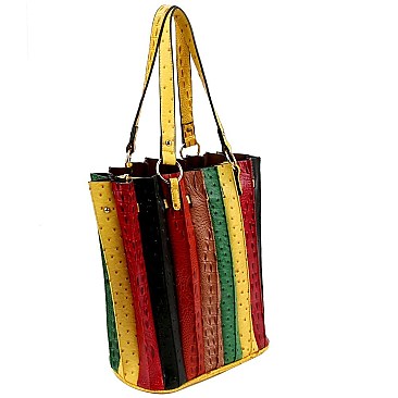 2 in 1 Color Block Ostrich Print Accordion Tote