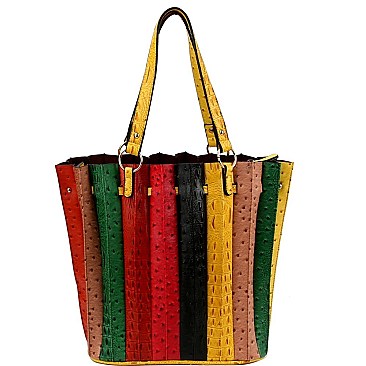 2 in 1 Color Block Ostrich Print Accordion Tote