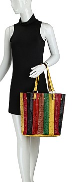 2 in 1 Color Block Ostrich Print Accordion Tote