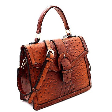 Buckle Accent Ostrich Embossed Flap Satchel MH-LMS089
