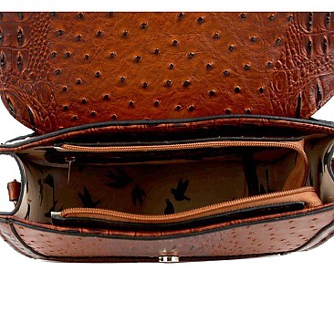 Buckle Accent Ostrich Embossed Flap Satchel MH-LMS089