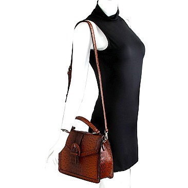 Buckle Accent Ostrich Embossed Flap Satchel MH-LMS089