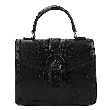 Buckle Flap Ostrich Croc Print Satchel