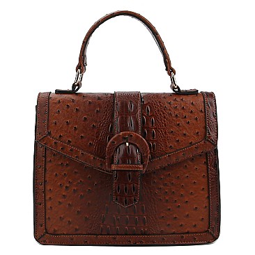 Buckle Flap Ostrich Croc Print Satchel