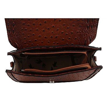 Buckle Flap Ostrich Croc Print Satchel