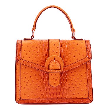 Buckle Flap Ostrich Croc Print Satchel
