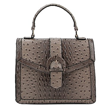 Buckle Flap Ostrich Croc Print Satchel