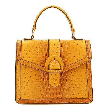 Buckle Flap Ostrich Croc Print Satchel
