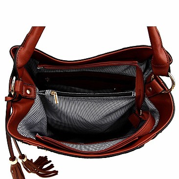 Studded Tassel Accent Ostrich Print 2-Way Hobo