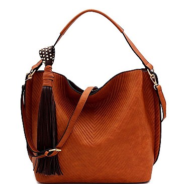 CHEVRON PATTERNED TASSEL ACCENT HOBO