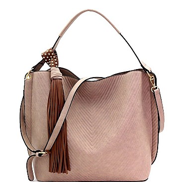 CHEVRON PATTERNED TASSEL ACCENT HOBO
