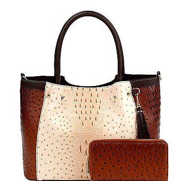 COLOR BLOCK OSTRICH PRINT TOTE WALLET SET