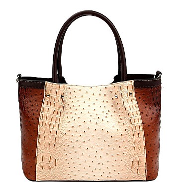 COLOR BLOCK OSTRICH PRINT TOTE WALLET SET