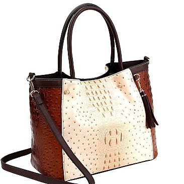 COLOR BLOCK OSTRICH PRINT TOTE WALLET SET