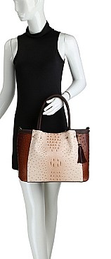 COLOR BLOCK OSTRICH PRINT TOTE WALLET SET