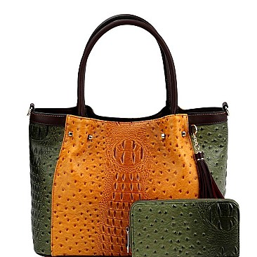 COLOR BLOCK OSTRICH PRINT TOTE WALLET SET