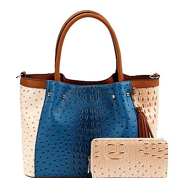 COLOR BLOCK OSTRICH PRINT TOTE WALLET SET