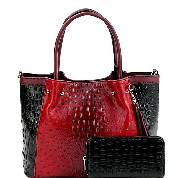 COLOR BLOCK OSTRICH PRINT TOTE WALLET SET