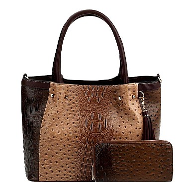COLOR BLOCK OSTRICH PRINT TOTE WALLET SET