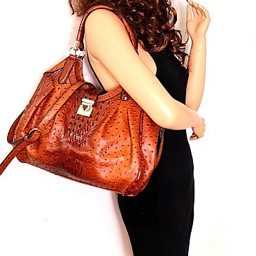 OSTRICH PRINT PUSH-LOCK ACCENT HOBO