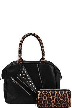 2IN1 MODERN STUDDED LEOPARD HANDLE SATCHEL WITH MATCHING WALLET