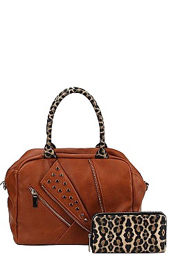 2IN1 MODERN STUDDED LEOPARD HANDLE SATCHEL WITH MATCHING WALLET