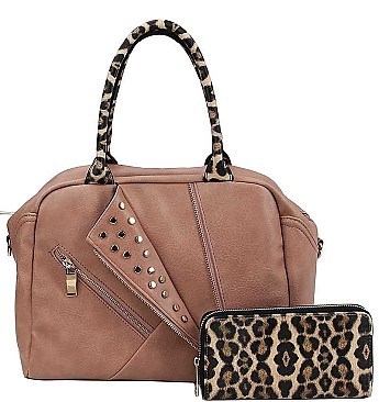 2IN1 MODERN STUDDED LEOPARD HANDLE SATCHEL WITH MATCHING WALLET