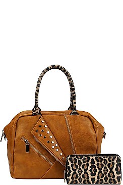 2IN1 MODERN STUDDED LEOPARD HANDLE SATCHEL WITH MATCHING WALLET