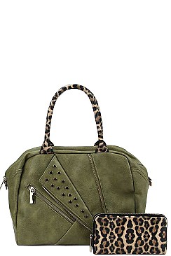 2IN1 MODERN STUDDED LEOPARD HANDLE SATCHEL WITH MATCHING WALLET