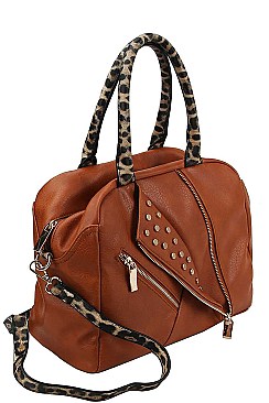 2IN1 MODERN STUDDED LEOPARD HANDLE SATCHEL WITH MATCHING WALLET