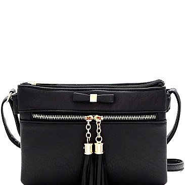 Bow Accent Tasselled Front Zip Crossbody