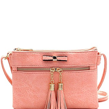 Bow Accent Tasselled Front Zip Crossbody