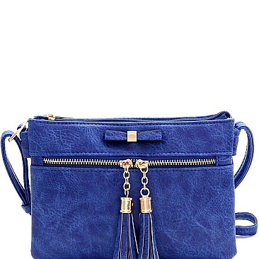 Bow Accent Tasselled Front Zip Crossbody