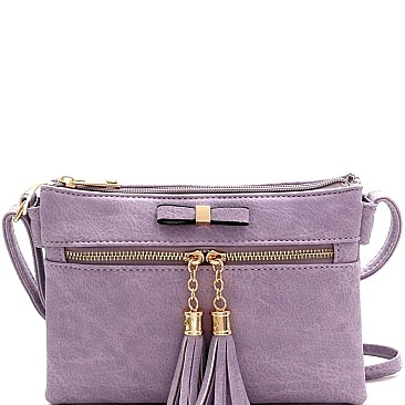 Bow Accent Tasselled Front Zip Crossbody