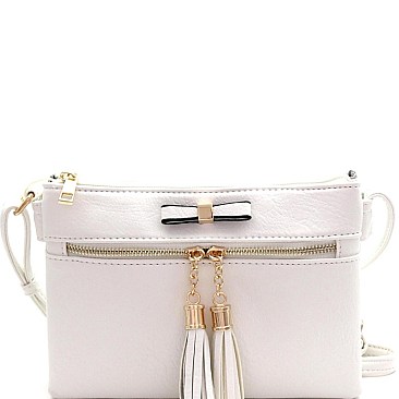 Bow Accent Tasselled Front Zip Crossbody