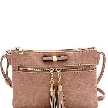 Bow Accent Tasselled Front Zip Crossbody
