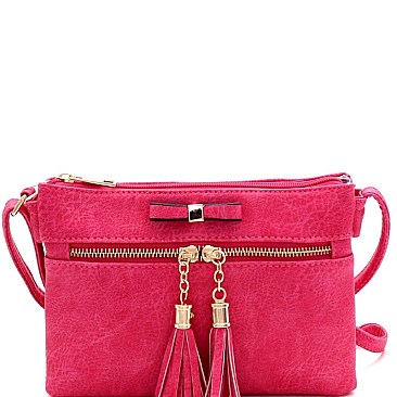 Bow Accent Tasselled Front Zip Crossbody