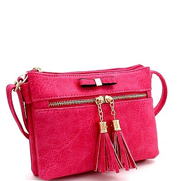 Bow Accent Tasselled Front Zip Crossbody