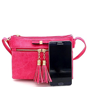 Bow Accent Tasselled Front Zip Crossbody