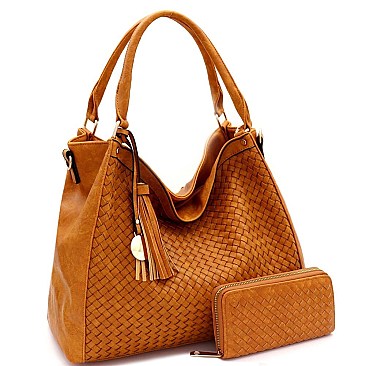 Tassel Accent Woven Large Hobo Wallet SET