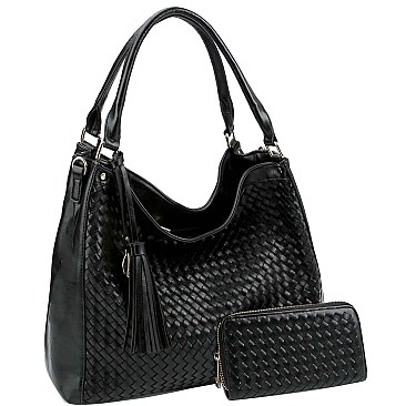Tassel Accent Woven Large Hobo Wallet SET