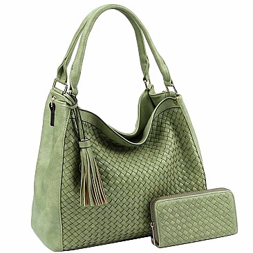 Tassel Accent Woven Large Hobo Wallet SET