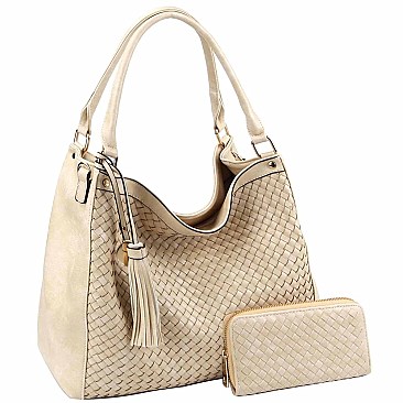Tassel Accent Woven Large Hobo Wallet SET