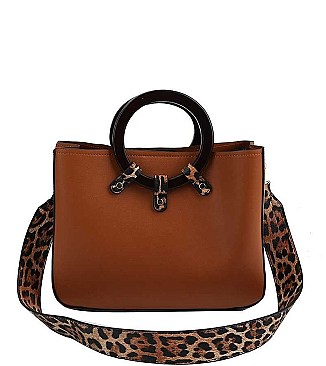 LEOPARD TRIM TOTE BAG WITH THICK LONG STRAP