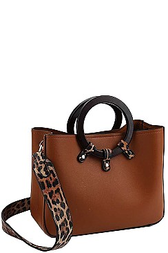 LEOPARD TRIM TOTE BAG WITH THICK LONG STRAP